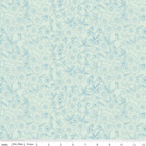 Aqua, Sewing Seeds Collection Porcelain Petals Cotton Fabric CD15962