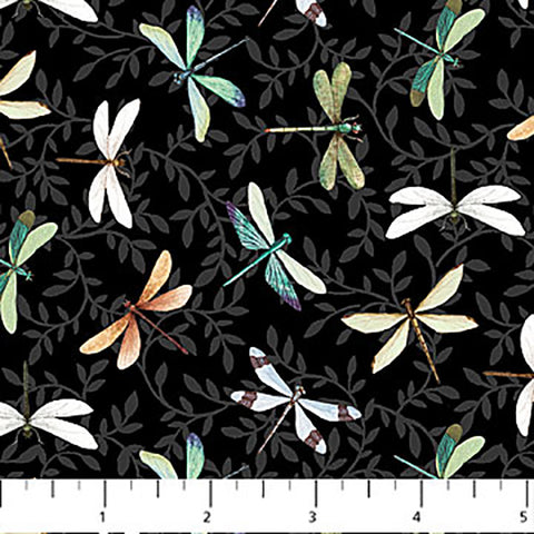 Water Lilies Collection Dragon Flies Cotton Fabric black
