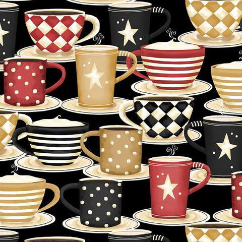 Coffee Always Collection Packed Cups Cotton Fabric black