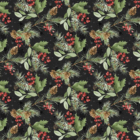black, Cardinal Celebration Collection Greenery Toss Cotton Fabric 37758