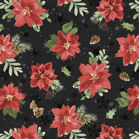 black, Cardinal Celebration Collection Tossed Poinsettias Cotton Fabric 37756