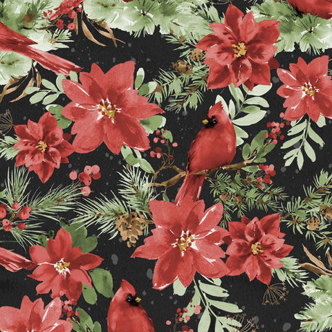 black, Cardinal Celebration Poinsettias and Cardinals Cotton Fabric 37753