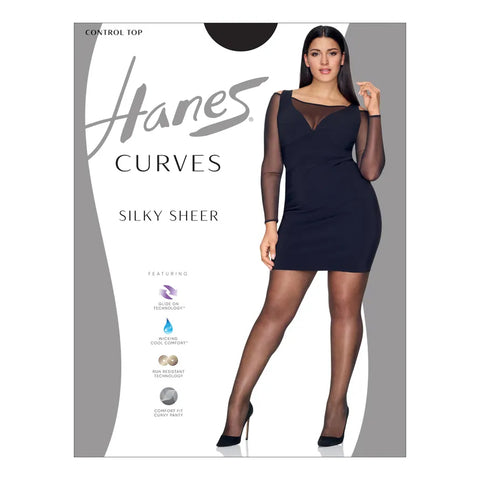 black, Curves Silky Sheer Control Top Pantyhose with Sheer Toe HSP002