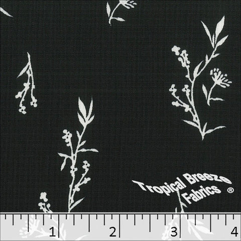 black, Linen Crepe Floral Sprig Print Polyester Fabric 048520