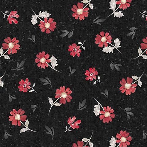 black, Scarlet Dreams Collection Medium Floral Toss Cotton Fabric 30110