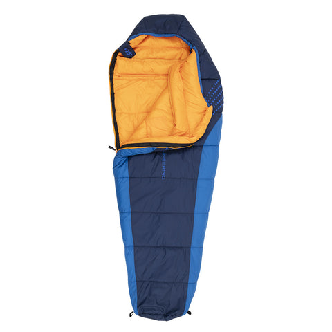 Alps Mountaineering Blaze +20 Mummy Sleeping Bag in navy & blue open to show lining