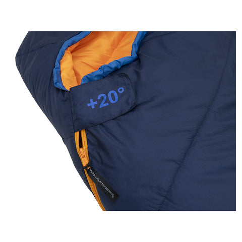 Alps Mountaineering Blaze +20 Mummy Sleeping Bag in navy & blue showing zipper & baffle