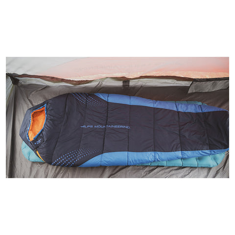 Alps Mountaineering Blaze +20 Mummy Sleeping Bag in navy & blue in a tent