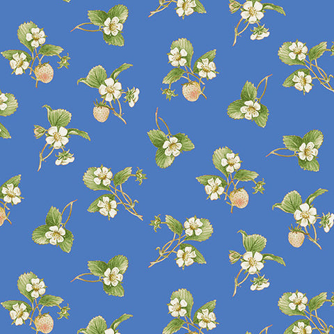Strawberry Garden Collection Tossed Strawberry Flower Cotton blue