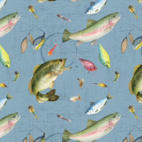 Blue, Gone Fishing Collection Fish and Lure Cotton Fabric 21763