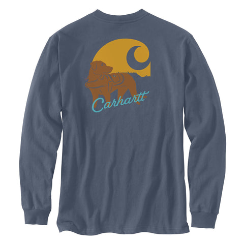 Carhartt men's loose fit dog graphic long-sleeve tee 107042 in bluestone showing back