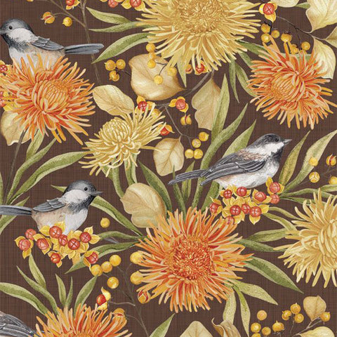 brown, Chickadee Charm Collection Birds and Florals Cotton Fabric 27726
