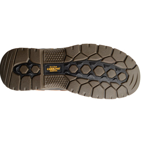 Rubber soled bottom of Carolina shoe work boot.