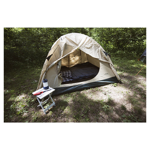 Alps Mountaineering Camper Flannel Outfitter 45 blue sleeping bag in use in a tent