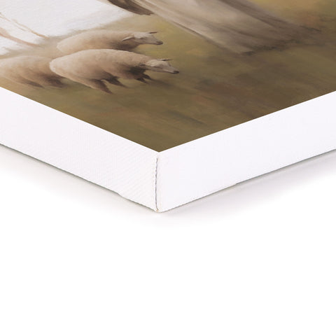 Closeup of corner of P. Graham Dunn wall canvas showing Jesus & Sheep