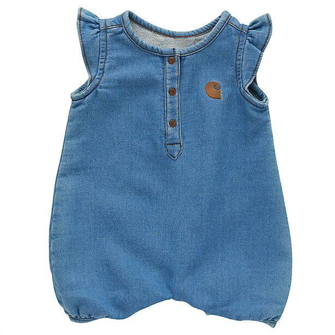 Front of Baby Girls' Short-Sleeve Denim Henley Romper CM9750