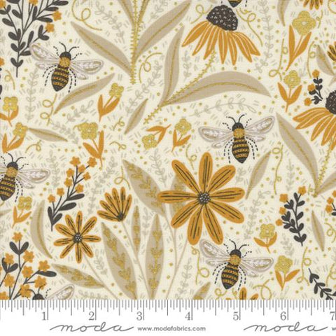 cream, Bee Garden Collection Florals and Bees Cotton Fabric 48410
