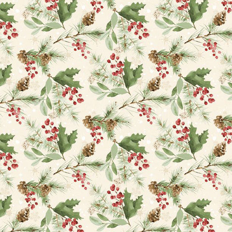 cream, Cardinal Celebration Collection Greenery Toss Cotton Fabric 37758