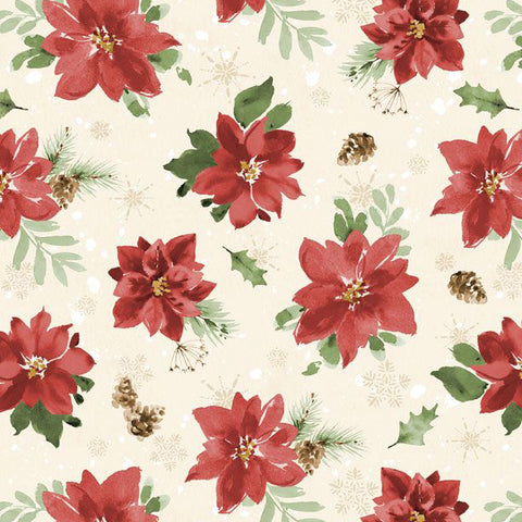 cream, Cardinal Celebration Collection Tossed Poinsettias Cotton Fabric 37756