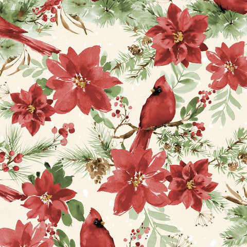 cream, Cardinal Celebration Poinsettias and Cardinals Cotton Fabric 37753
