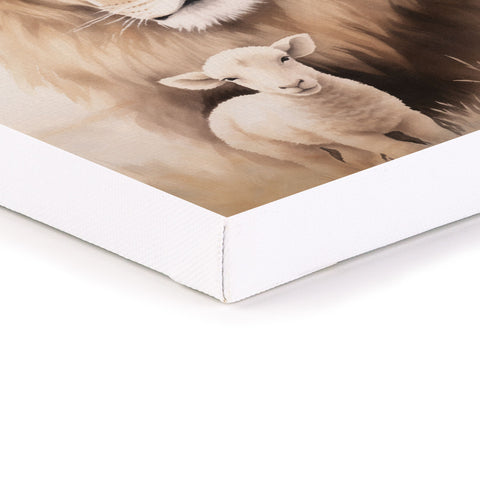 Closeup of corner of P. Graham Dunn Lion & Lamb canvas wall art