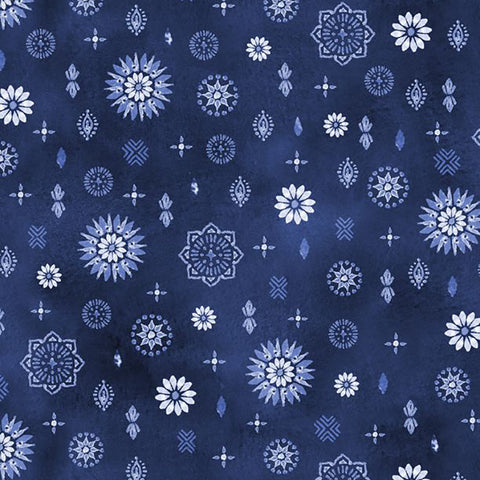Indigo Splash Collection Medallion Ditsy Cotton Fabric 15713 dark blue