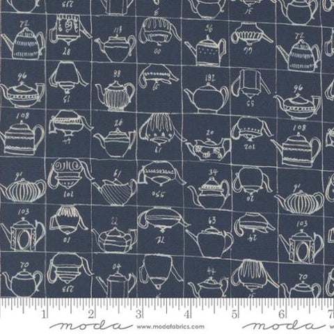 dark blue, Larking Collection Tea Pot Blueprint Cotton Fabric 24631
