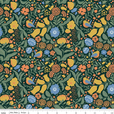 Wanderlust Collection Flowers and Birds Cotton Fabric C15470 evergreen