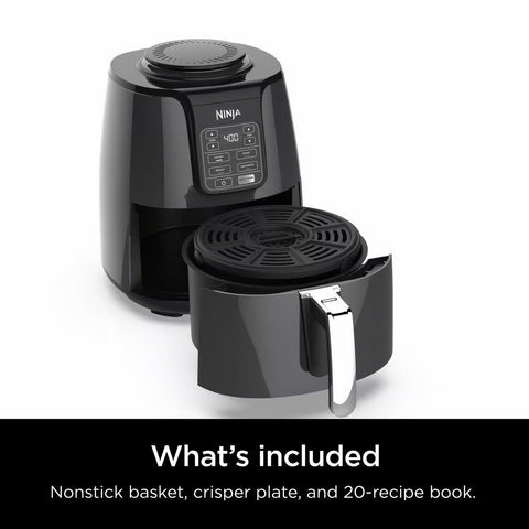 Black Programmable Digital Air Fryer AF101 showing parts included in air fryer