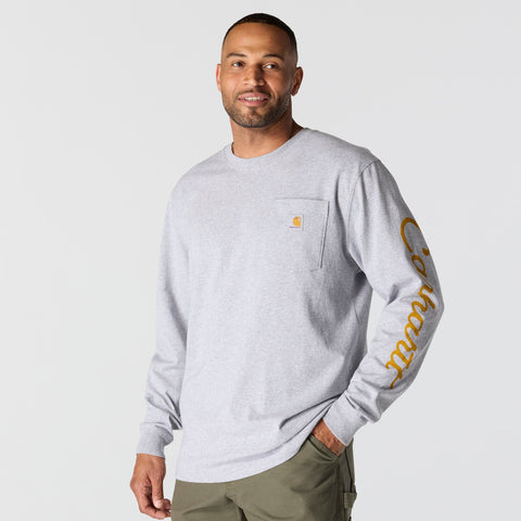Carhartt men's loose fit dog graphic long-sleeve tee 107042 in heather gray showing front