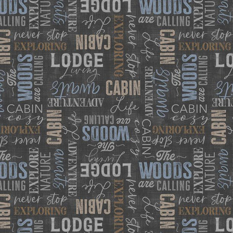 gray, Timberland Trails Collection Words All Over Cotton Fabric 45604