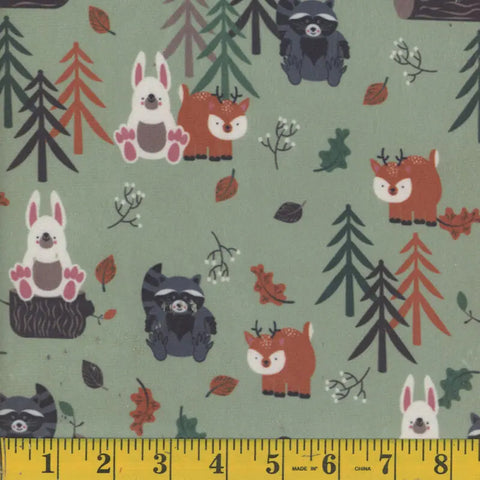 green, Forest Buddies Minky Fleece Fabric 1349