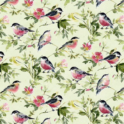 Among the Branches Collection Birds All Over Cotton Fabric green