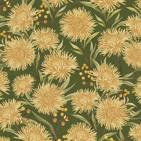 green, Chickadee Charm Collection Chrysanthemum Cotton Fabric 27728