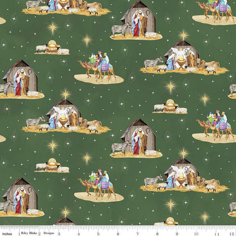 green, Come Let Us Adore Him Nativity Cotton Fabric C16310