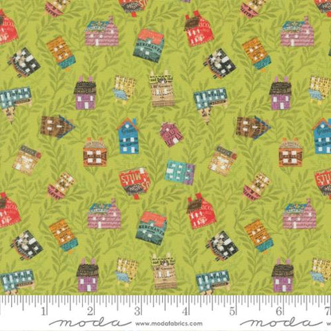 green, Paper Hamlet Collection Tossed Houses Cotton Fabric 39566