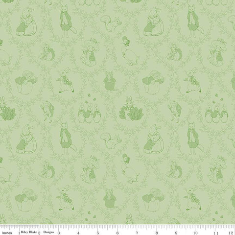 Green, Peter Rabbit and Friends Collection Toile Cotton Fabric CD15863