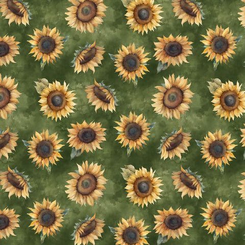 green, Sunkissed Collection Sunflower Toss Cotton Fabric 33917