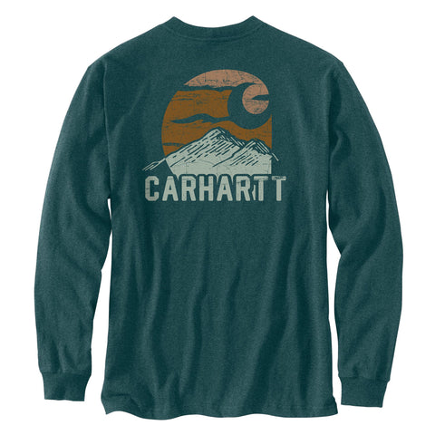 Carhartt men's relaxed fit mountain graphic long-sleeve tee in greenstone heather color showing back