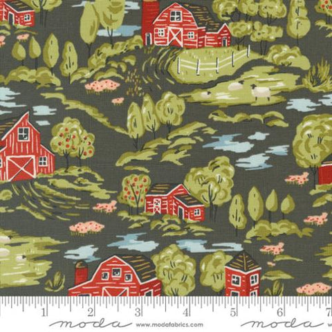 Grey, Farmstead Collection Vintage Farm Scene Cotton Fabric 20901