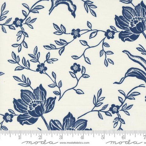 Denim and Daisies Collection Woodcut Bloom Cotton Fabric 35380 ivory and navy
