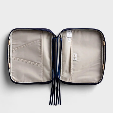 Gold Cross- Navy Canvas Bible Cover J7418 case is open