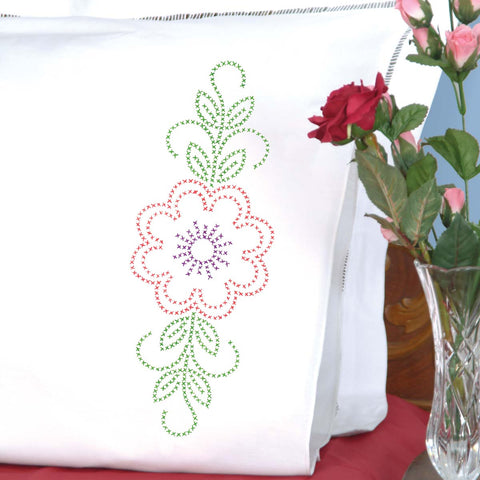 Cross-Stitch Floral Design Perle Edge Pillowcases 160097