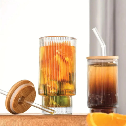 Grace & Joy Company Fluted Vintage Ripple Glass Tumbler with iced tea and lid off