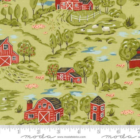 Light Green, Farmstead Collection Vintage Farm Scene Cotton Fabric 20901