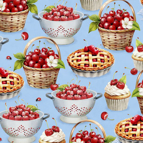 light blue, Sweet Cherry Collection Cherry Treats Cotton Fabric 68569