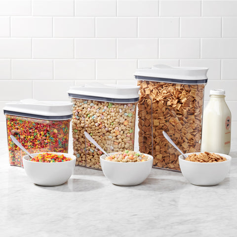 Show three different cereal containers