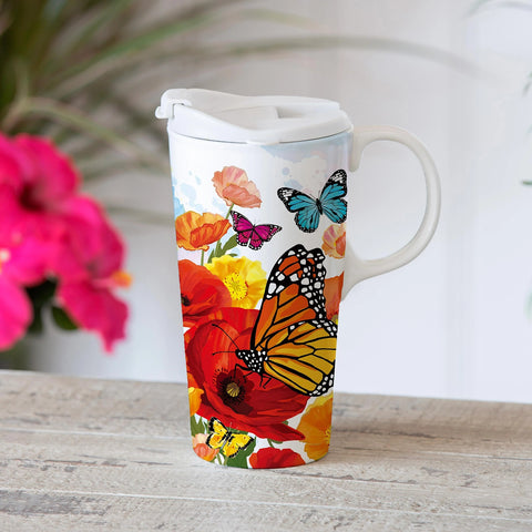 Cypress Home Monarch Butterfly & Friends Ceramic Travel Cup on table