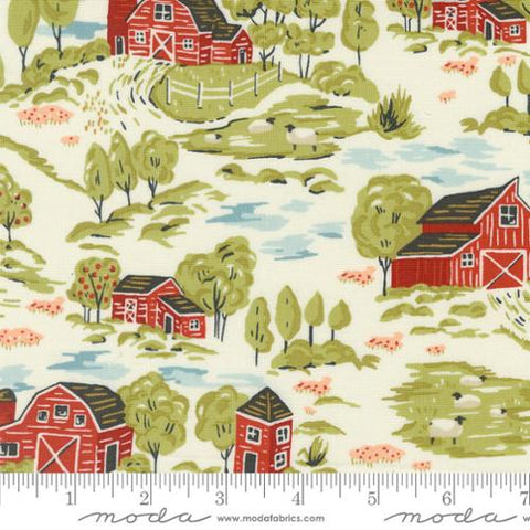 Natural, Farmstead Collection Vintage Farm Scene Cotton Fabric 20901