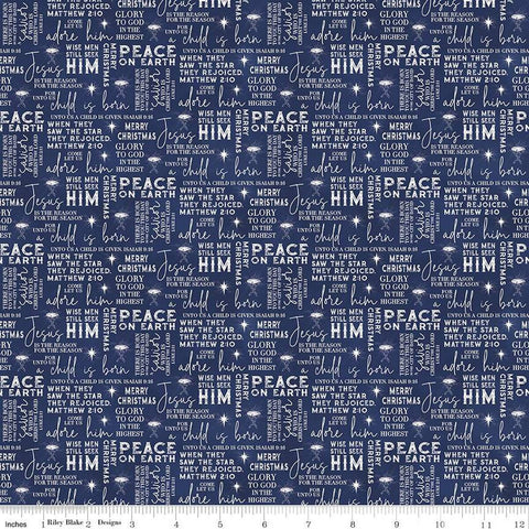 navy, Come Let Us Adore Him Collection Christmas Text Cotton Fabric C16312